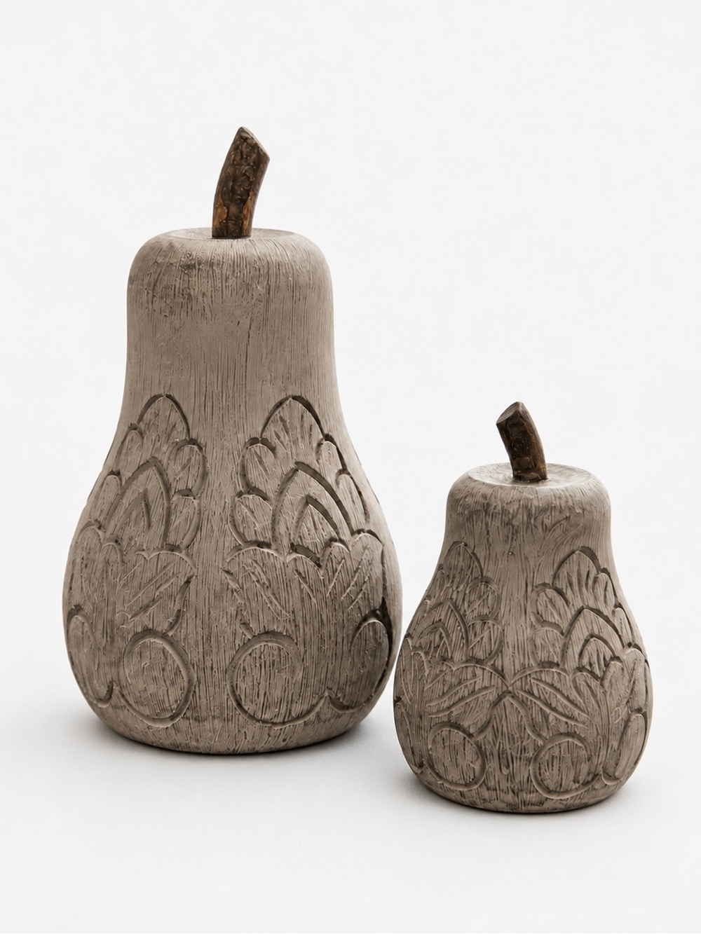 Vintage Style Carved Floral Pear Sculptures Set of 2 Rustic Distressed